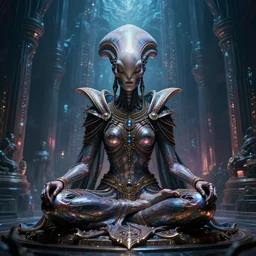masterpiece poster of glistening elegant queen empress xenomorph alien meditating lotus position, inside ominous glowing alien temple shrine. in the style of aliens, by weta workshop, james cameron, h. r. giger, beautiful octane render, extremely intricate, epic composition, cinematic lighting,, trending on artstation, cinematic dramatic atmosphere, matte painting