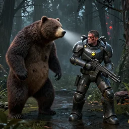Zombie bear vs a man in power armor with a minigun in his hands against the background of a radioactive forest, graphics, fallout 4 render, 3d computer render, maximum details, rain, night, spotlight,