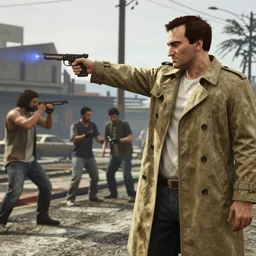 quentin tarantino in the game gta v shoots at civilians highly detailed. jesus in a trenchcoat