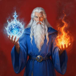 a wizard holding an orb of frost in one hand and an orb of fire in the other, blue robes, red background, symmetrical, long white hair, long white beard, realistic painting