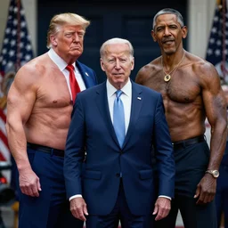 muscular joe biden standing next to muscular donald trump standing next to muscular barack obama, highly detailed, high quality, hd, 4 k, 8 k, canon 3 0 0 mm, professional photographer, 4 0 mp, lifelike, top - rated, award winning, realistic, sharp, no blur, edited, corrected, trending