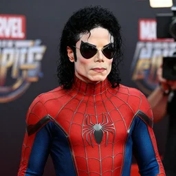 michael jackson 2 0 0 9 with shades wearing high quality spider - man body suit, movie announcement, mcu, uhd, sharp, ultra realistic face, 4 k, cinematic, marvel, render, behind the scenes, leaked, set photo, detailed, modern, real life, sighting, photo real