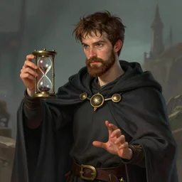 Young John Malkovich with short brown hair and brown beard in a cloak, casting a spell with a small hourglass as a material component, half-elf Divination Wizard Pathfinder character art d&d character portrait