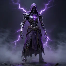 character design, biomechanical arcanist, tattered robe and hood, purple lightning, fog, scary, arrogant, hostile, photorealistic, cinematic, hyper realistic, octane render, 8 k, full shot