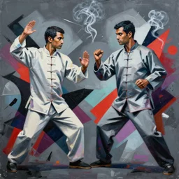 Painting of sifu vs yang by Sachin Teng, asymmetrical, Organic Painting ,geometric shapes, Smoke, hard edges, energetic, graffiti, street art:2 by Sachin Teng:4