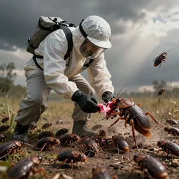 a pest control technician being eaten alive by cockroaches and Rats, cinematic, hyper realistic, octane render