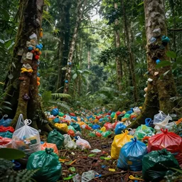 photo of the amazon forest made of plastic bags of different colors, in a real space photography, super detailed image, trending on artstation, moody, cinematic, 8 k, volumetric lighting