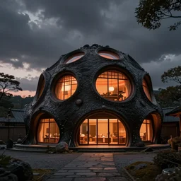 epic exterior photo of a futuristic organic japanese house, dramatic lighting, geodesic structure, black and orange colour palette, long shot, archviz