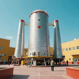 working soviet nuclear open reactor hall with a few workers. cinematic environment. retrofuture simple shapes design, contrast, bright and colorful. realistic image. trending on artstation.