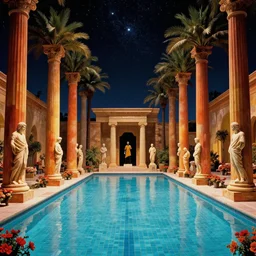 a large tiled swimming pool with many palm trees surrounded by roman architecture columns and statues, underneath a star filled night sky, harold newton, zdzislaw beksinski, donato giancola, warm coloured, gigantic pillars and flowers, maschinen krieger, beeple, star trek, star wars, film, atmospheric perspective