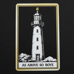 bleak lighthouse, black paper, white ink, I, Renaissance style golden border, As above so below, tarot card, intricate design, 3d relief, insanely detailed, illustrated by Charlie Bowater and Donato Giancola, Major arcana