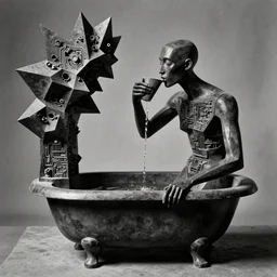 extreme harsh lighting antique photograph of geometric surreal sculpture of a humanoid agent drinking from a poison bathtub, made of charcoal and black plaster and old circuitry, fractal 3 d structure, sculpted by barbara hepworth and naum gabo, photographed by francesca woodman, tragic grainy high contrast shocking detail trending on artstation 8 k