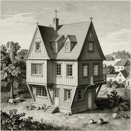 a penrose house by Maurits Cornelis Escher, painting