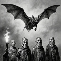 b & w inks of 4 character, tiered | flying bat | medical chromed, dystopian, by wayne d barlowe, h r giger, simon bisley & boris vallejo, enric torres, hyper realism, narrative light, muted colors, epic, hyper detailed, awe inspiring, award winning horror, torch lighting, hyper realism, cinematical