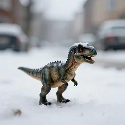 a beautiful photo by saul leiter of a tiny dinosaur standing in a snowy street, tiny gaussian blur, insanely detailed, insanely intricate, insanely beautiful, depth of field, low contrast, snowy, wide aperture, color photography