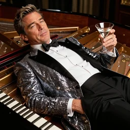jeff goldblum lying on a piano, sparkling tuxedo, martini in hand, realistic, 8 0's style
