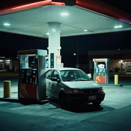 it's night, the city is quiet, a car is parked at the last gas station at the edge of town, in the darkness eyes watch us, cinestill