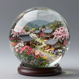 a japanese village full of flowers inside a crystal ball, 8k, artstation trend, hdr, super detailed, light reflections, studio photo, professional photo