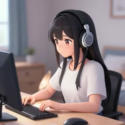 anime girl wearing headphones sits at a desk in her bedroom studying dynamic lighting, vibrant colors, beautiful light thorough window in the style of lofi hiphop on youtube