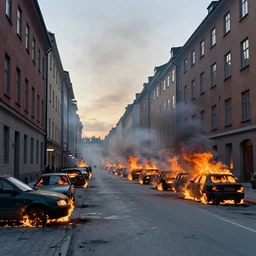 a street in stockholm, burning cars in the distance, art by simon stalenhag