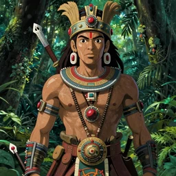 mayan jungle warrior portrait, expressive pose, sharp, centered focus, intricate detail, by jamie hewlett, moebius, dan mumford, josan gonzalez, studio ghibli, cinematic, movie poster, trending on artstation