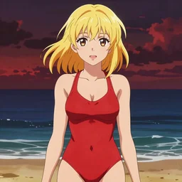 portrait of a beautiful girl with blonde hair wearing a red swimsuit, beach background, rich vivid colors, ambient lighting, dynamic lighting, 4k, official media, anime key visual, makoto shinkai, ilya kuvshinov, lois van baarle, rossdraws, detailed, trending on artstation
