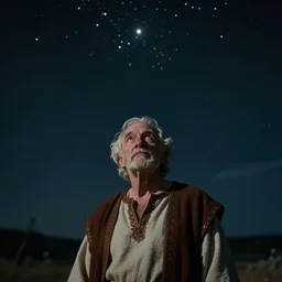 distant shot of 80 year old man in Biblical clothing looking up at a multitude stars, hopeful, wistful, sentimental, cinematic lighting