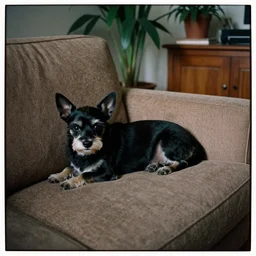 a small black dog, white face, lying down on the sofa, house plants and wood furniture in the background, in the 1 9 5 0 ’ s, indoors, dim light, photograph, 4 k, shot on iphone, casual