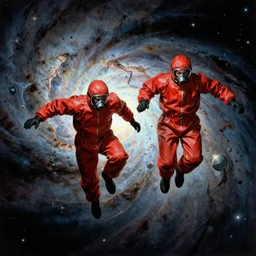 two scientists wearing red hazmat suits leaping into geometric nebula by frank frazetta