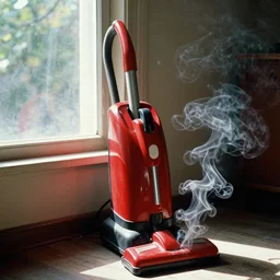 1980s magazine photo of an old red vacuum, next to a window with dappled natural light, smoky