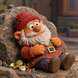 a chibi artificer dwarf muppet with a big beard and an obsession for gold and gems who loves to sleep on rocky terrain, sesame street, photograph, photography, ultrarealistic, national geographic