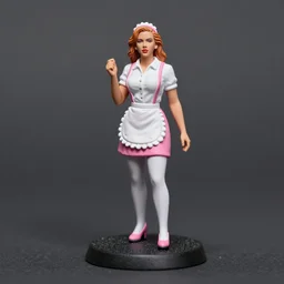80mm resin detailed miniature of a Scarlett Johansson as Waitress, white blouse, Pink mini-skirt, apron, White tights, on textured base; Miniature product Photos, 4K, Full body;