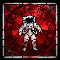 red & black stained glass with an astronaut in the middle and occult alien symbols written in the background, symmetrical composition