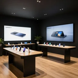 copic art, lofi aesthetic ( ( ( ( ( serious grounded balanced muted flagship samsung store, black walls. timber floor. low ceilings with spots. curved furniture, with large digital screen. display tables with phones and tablets, pots with plants, large digital screens on the walls ) ) ) ) )