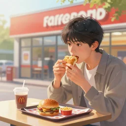 eating in a fastfood chain. volumetric lighting, spring early morning, dew, nice weather, realistic illustration, perfectly shaded, soft painting, art by krenz cushart and wenjun lin