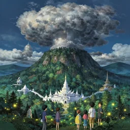 highly detailed illustration of giant a giant forest with fireflies and futuristic white temples at night and lots of cummulonimbus clouds by makoto shinkai, by moebius, by oliver vernon, by joseph moncada, by damon soule, by manabu ikeda, by kyle hotz, by dan mumford, by otomo, 4 k resolution
