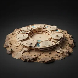 architectural model, isometric view, 3 d render, studio lighting, low contrast, dark background, highly detailed, a circular house with circular courtyards, pool, on rocks on a desert