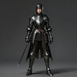 full body portrait of a female crusader in black armor, trending on artstation, anime arts, featured on Pixiv, HD, 8K, highly detailed, good lighting, beautiful, epic, masterpiece, in the style of Ilya Kuvshinov and Greg Rutkowski