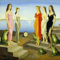 a group of women and frogs, clocks, stairs by the lake in the sun a painting by salvador dali