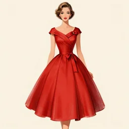 an elegant fashion illustration of a beautiful red 5 0 s dress