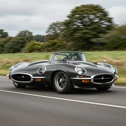 award winning photo of an ultra detailed high quality!! jaguar e - type!! car, with carbon fibre texture paint, lowered suspension, speeding very fast along a country road, fast shutter speed, motion blur, tiny gaussian blur, highly detailed, highly intricate, depth of field, trending on top gear, full car body, wide angle lens