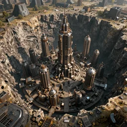 A steampunk city built within a deep crater with buildings of metal that tower, octane render, high detail, photorealistic, High details,4k