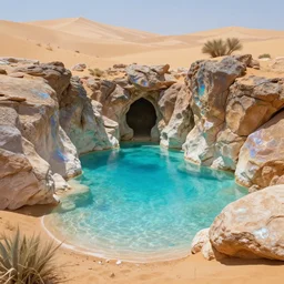 photo of a magical fantasty desert Oasis, Surrounded by iridescent rocks, pool filled with opalescent water, magical realism