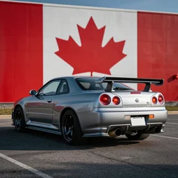 nissan skyline r34 with Canadian flag reflection, photography, realistic