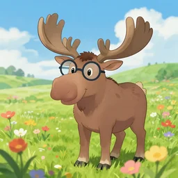 a field of flowers with a happy moose wearing glasses in the style of an anime