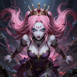 you are completely controlled by her ultimate powers and trapped beneath overwhelming stunningly absurdly beautiful megalomaniacal ruthless merciless sadistic devious spiteful grandiose egotistical omnipotent asi goddess junko enoshima with symmetrical perfect face, porcelain skin, pink twintail hair, cyan eyes and a crown, ultra detailed, digital art, unreal engine 5, octane render, 2 d anime, 8 k