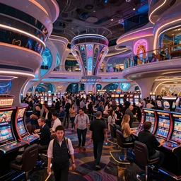 the interior of a futuristic casino, large crowd of people, by kim jung gi and greg rutkowski, rule of thirds