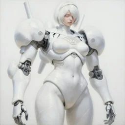 a sensual oil painting of a giant pristine white humanoid feminine figure mecha with rounded components by simon stalenhag, inspired by nier automata, clean white lab background