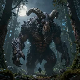 Giant creepy creature with horns in a forest, digital art, realistic, moonlight, artstation, detailed