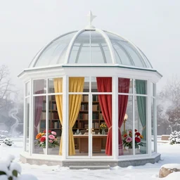 library in the style of baroque, star roof, glass windows and colored curtains, flowers, smoke, snowy day, dreamy, hogwarts style, fairy tale, highly detailed, bright light, artstation, mysterious, comfort, in the style of aetherpunk